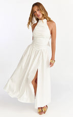 Anya Midi Dress - Halter Neck Ruched Drop Waist Dress in White