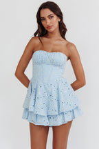 Paris Muse Gathered Bust Embroidered Romper Blue