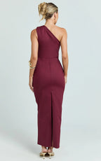 Karlie Midi Dress - One Shoulder Fitted Dress in Wine