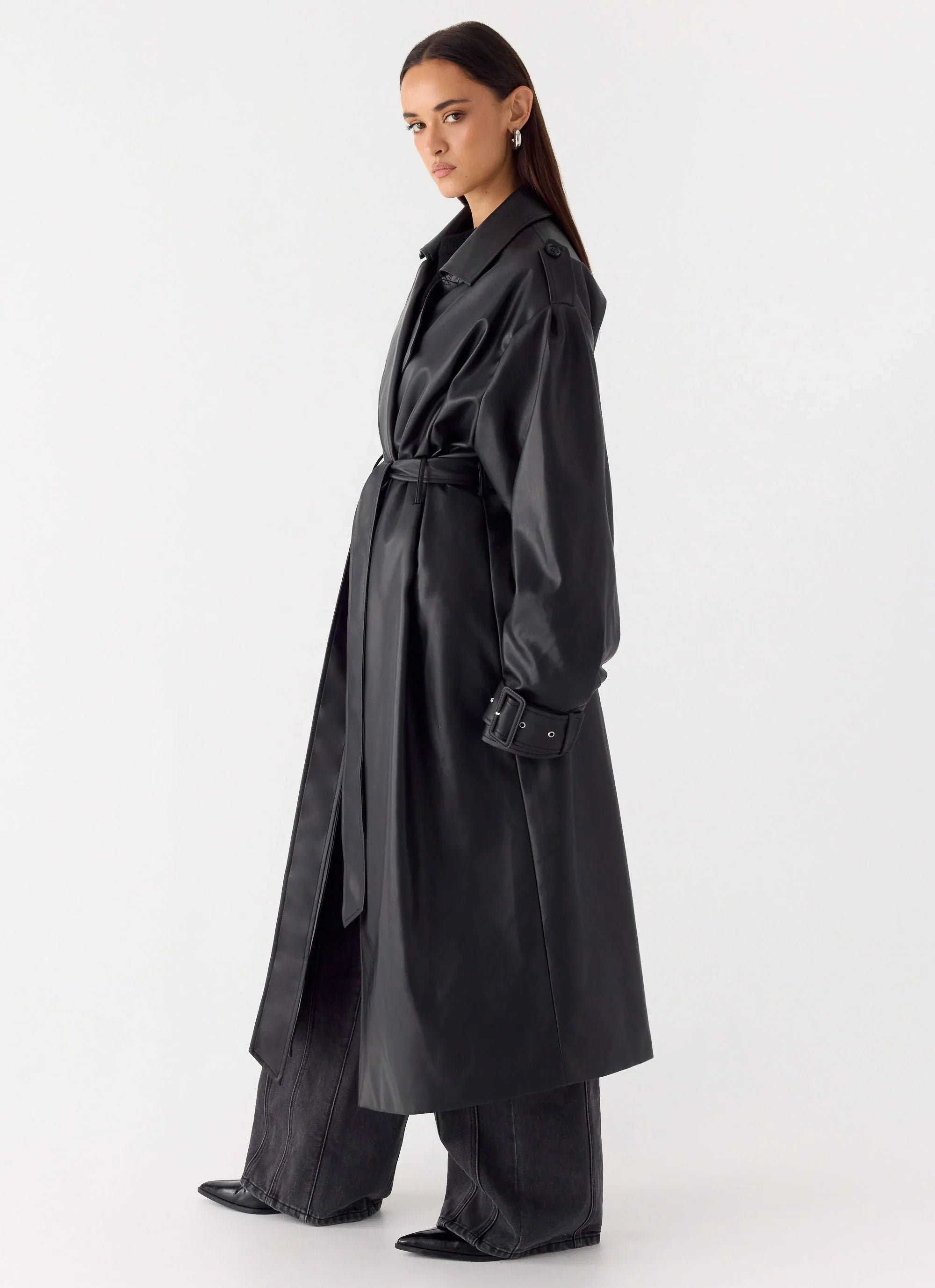Out On The Town Faux Leather Midi Trench - Black
