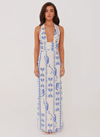 Sky Linen Maxi Dress - Floral Wave