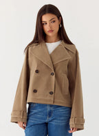 Evan Faux Suede Short Trench Jacket - Tan