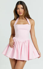 Helda Mini Dress - Halter Tie Neck Corset Panel Dress in Pink