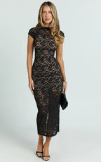 Emma Midi Dress - Lace Cap Sleeve Bodycon Dress in Black
