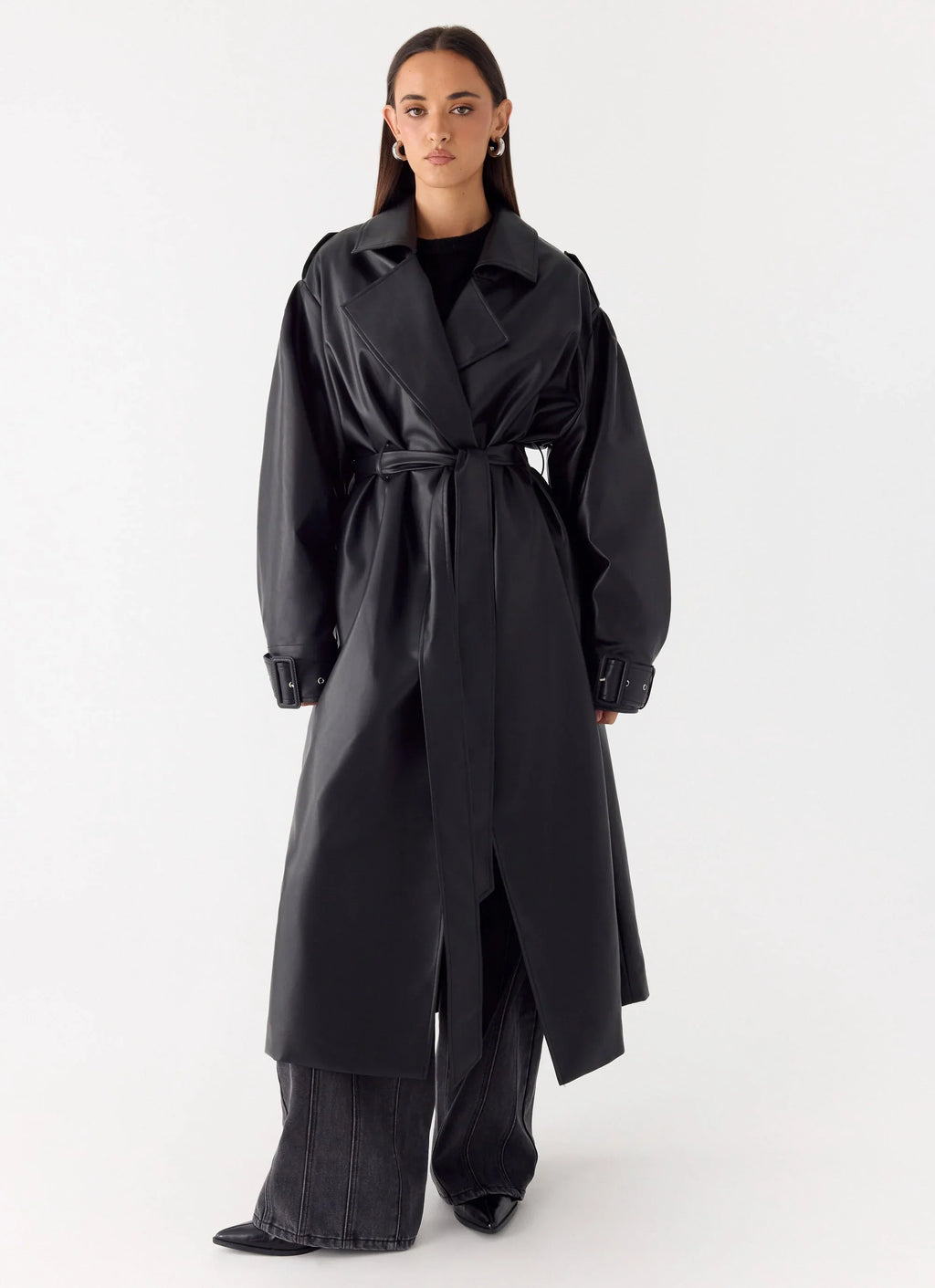 Out On The Town Faux Leather Midi Trench - Black