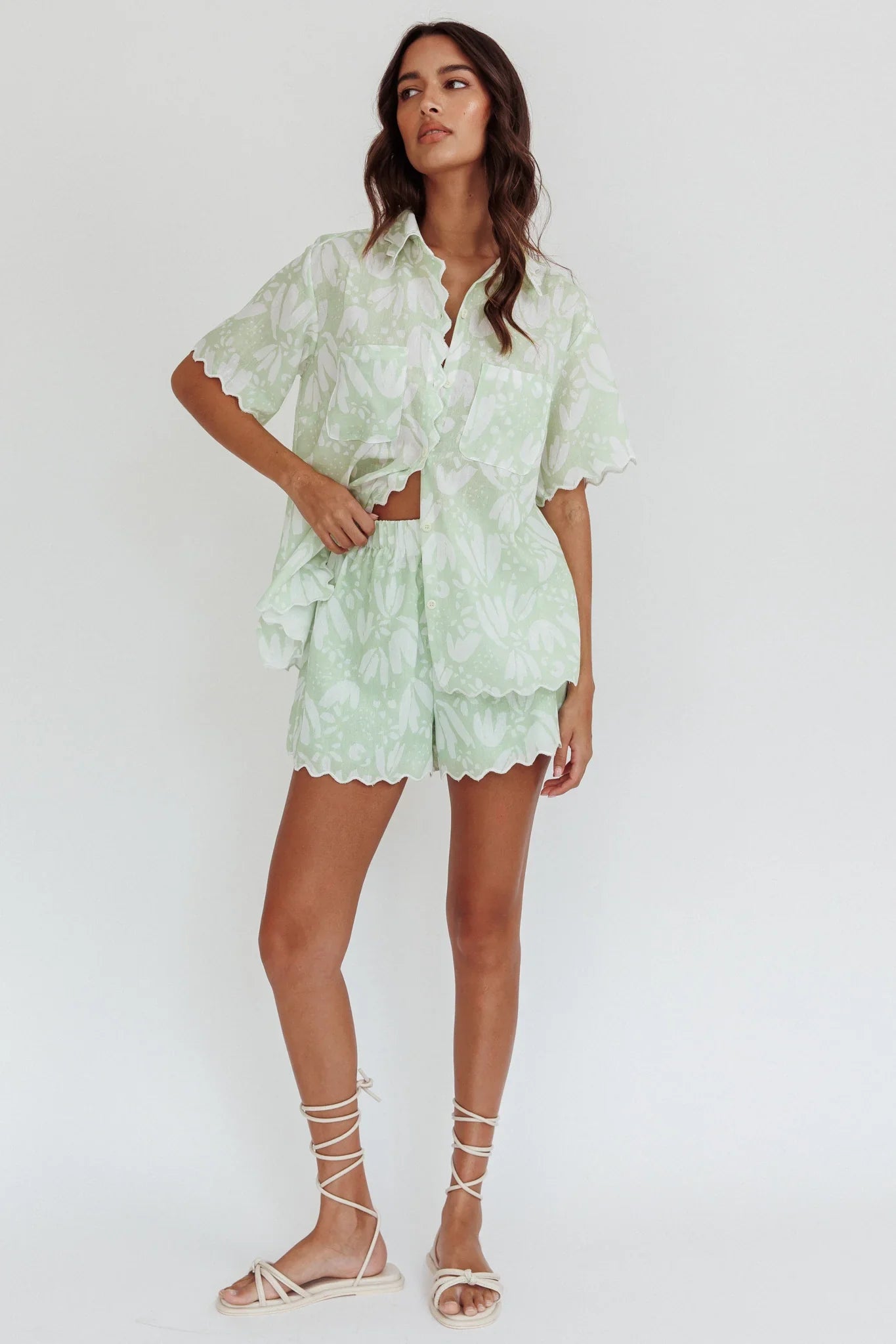 Swing Of Things Scalloped Elastic Waist Shorts Print Sage