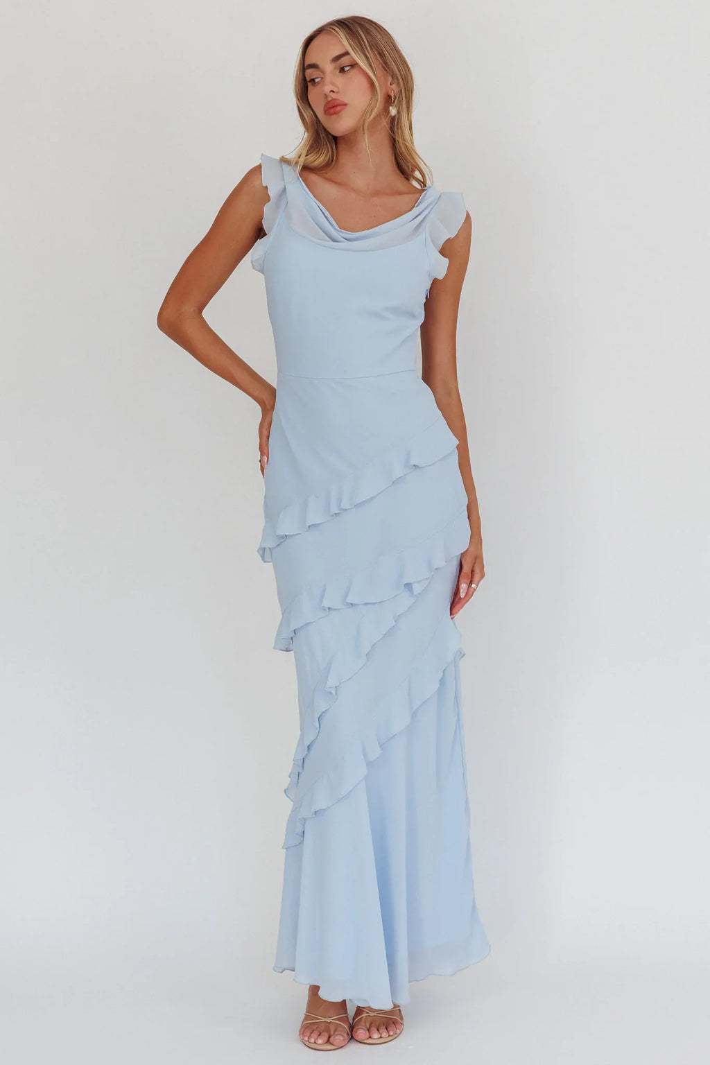 Sangria Cowl Neck Frill Maxi Dress Blue