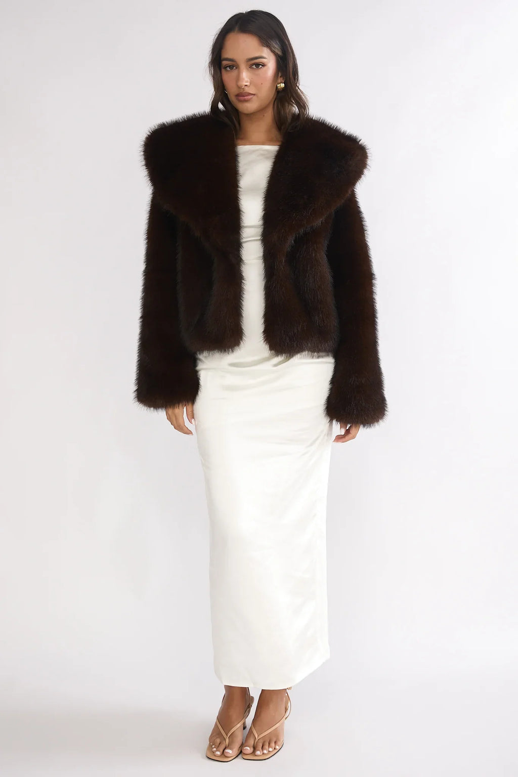Marella Oversized Lapel Faux Fur Jacket Coffee