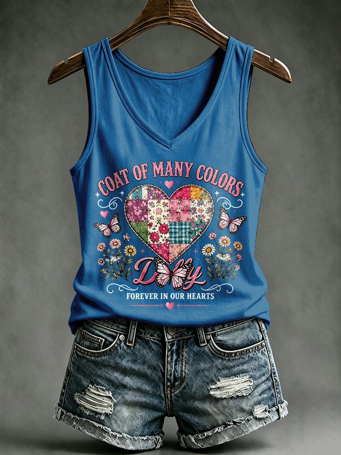 V-Neck Retro Coat Of Many Colors Forever In Our Hearts Print Tank Top