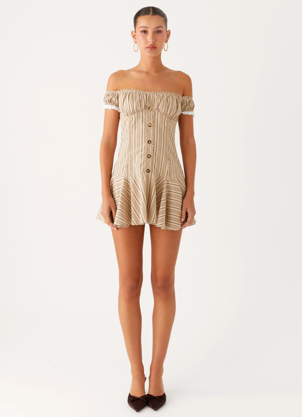 Jumana Off Shoulder Mini Dress - Off White Stripe