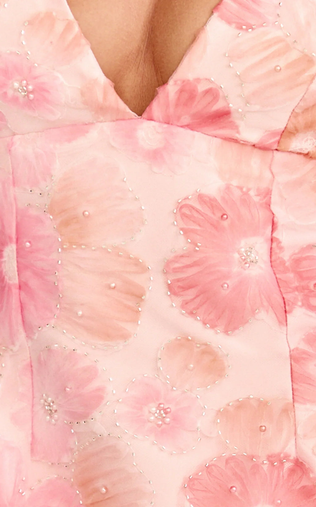 Lima Mini Dress - Plunge Neck Floral Embellished A Line Dress in Pink