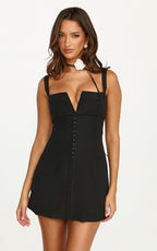 Odette Mini Dress - Plunge V Neck A Line Dress in Black
