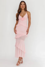 Marlie Frill Trim Rosette Maxi Dress Blush