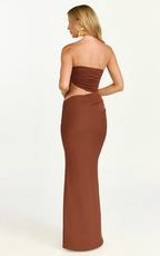 Fergie Maxi Dress - Strapless Side Ruched Cut Out Fitted Dress in chestnut brown