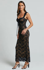 Collette Midi Dress - Ruched Bust Wide Strap Detail Lace Midi Dress in Black