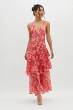 Veda Strappy Back Ruffle Midi Dress Floral Red