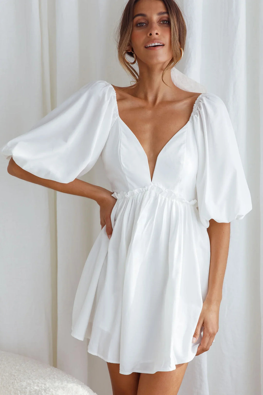 Always Dreaming Puff Sleeve Structured V-Neckline Mini Dress White