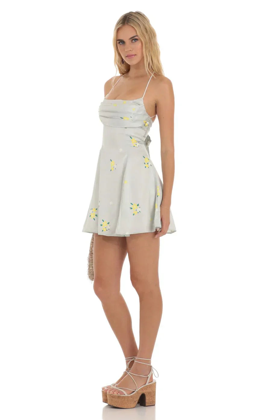 Draped Floral A-Line Dress in Light Green
