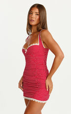 Camille Mini Dress - Bustier Ruched Lace Trim Bodycon Dress in Red