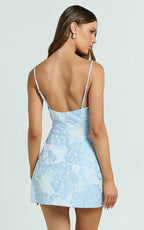 Gianni Mini Dress - Plunge A Line Low Back Dress in Light Blue