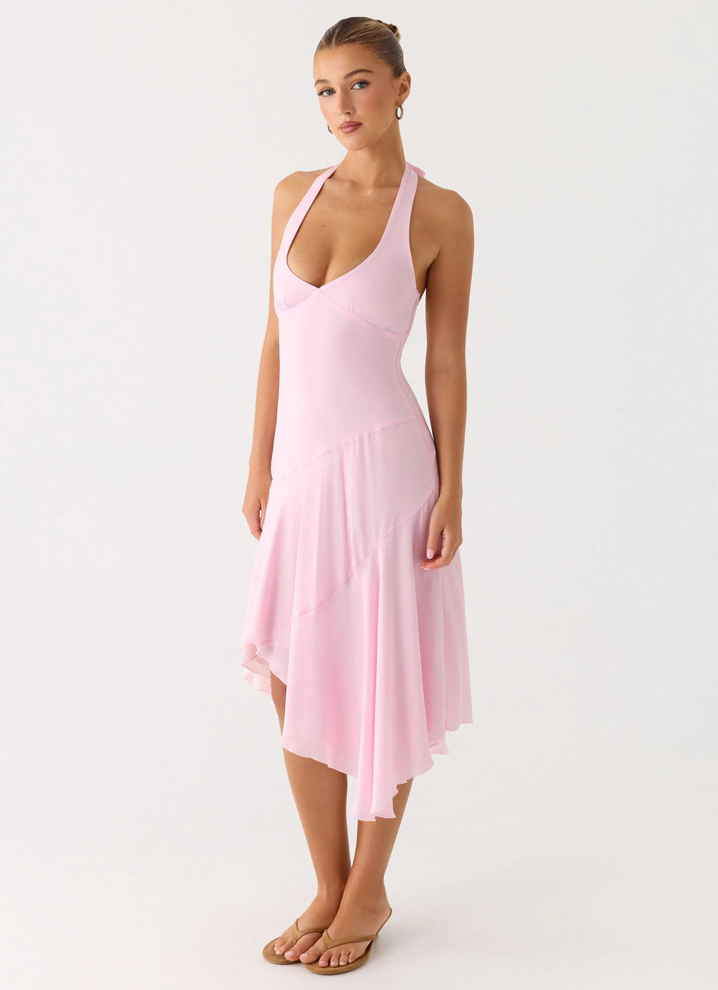 Faelie Halter Neck Asymmetrical Midi Dress - Pink