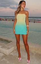 Hotter Than The Sun Crochet Mini Dress Lemon/Teal Ombre