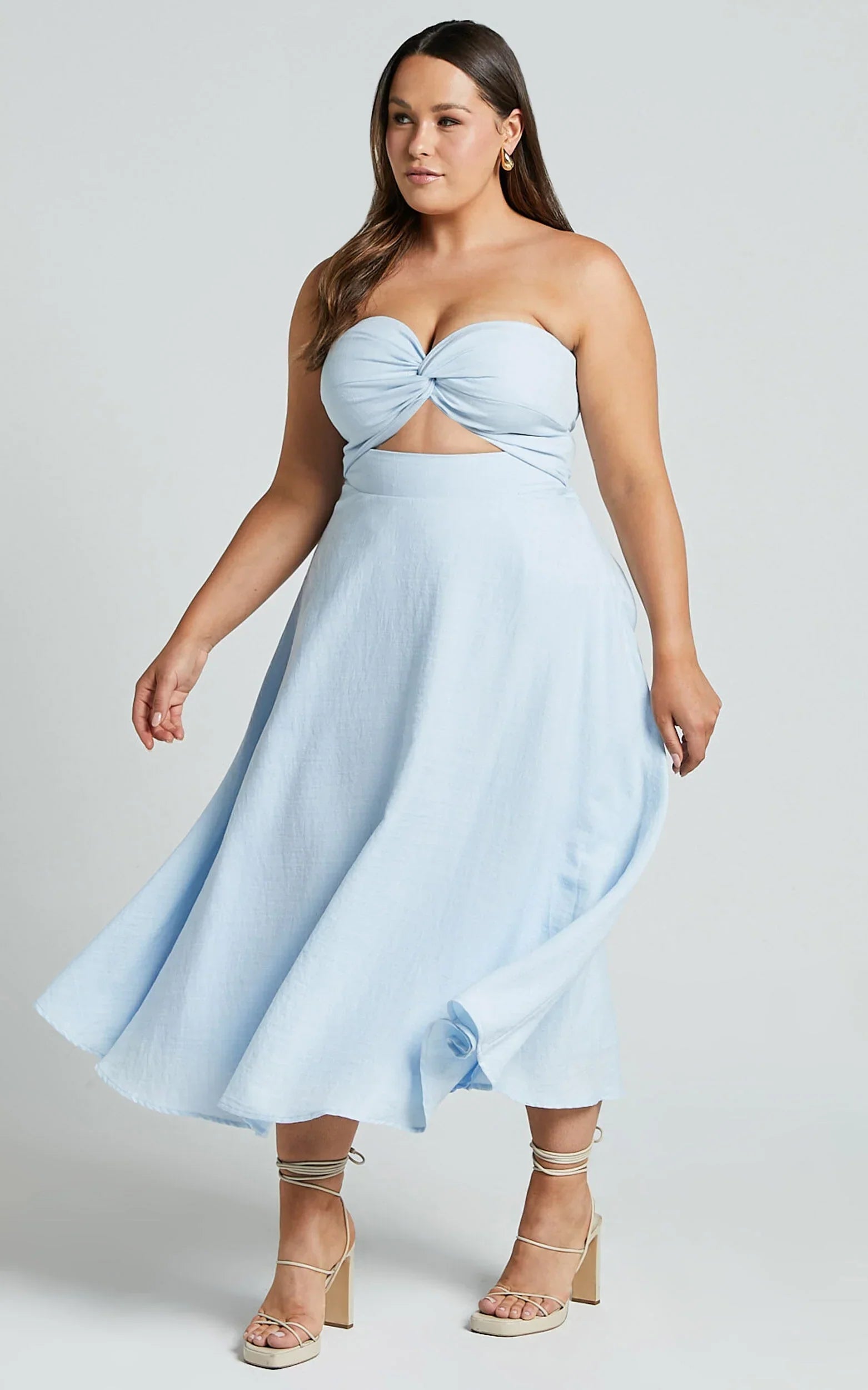 Avie Midi Dress - Twist Strapless Cocktail Dress in Ice Blue