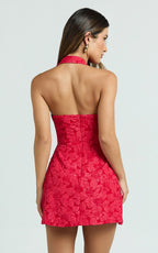 Gabbie Mini Dress - Jacquard Halter Fit And Flare Dress in Red