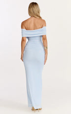 Caterina Maxi - Ruched Off Shoulder Mesh Dress in Pale Blue