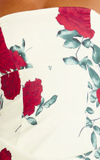 Dahlia Midi Dress - Strapless Draped Cowl Waist Fitted Dress in Scarlet Rose Print
