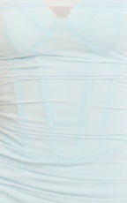 Helda Mini Dress - Corset Bodice Sheer Overlay Bodycon Dress in Soft Blue