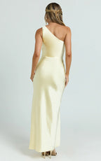 Isla Maxi Dress - Satin One Shoulder Side Split Dress in Lemon