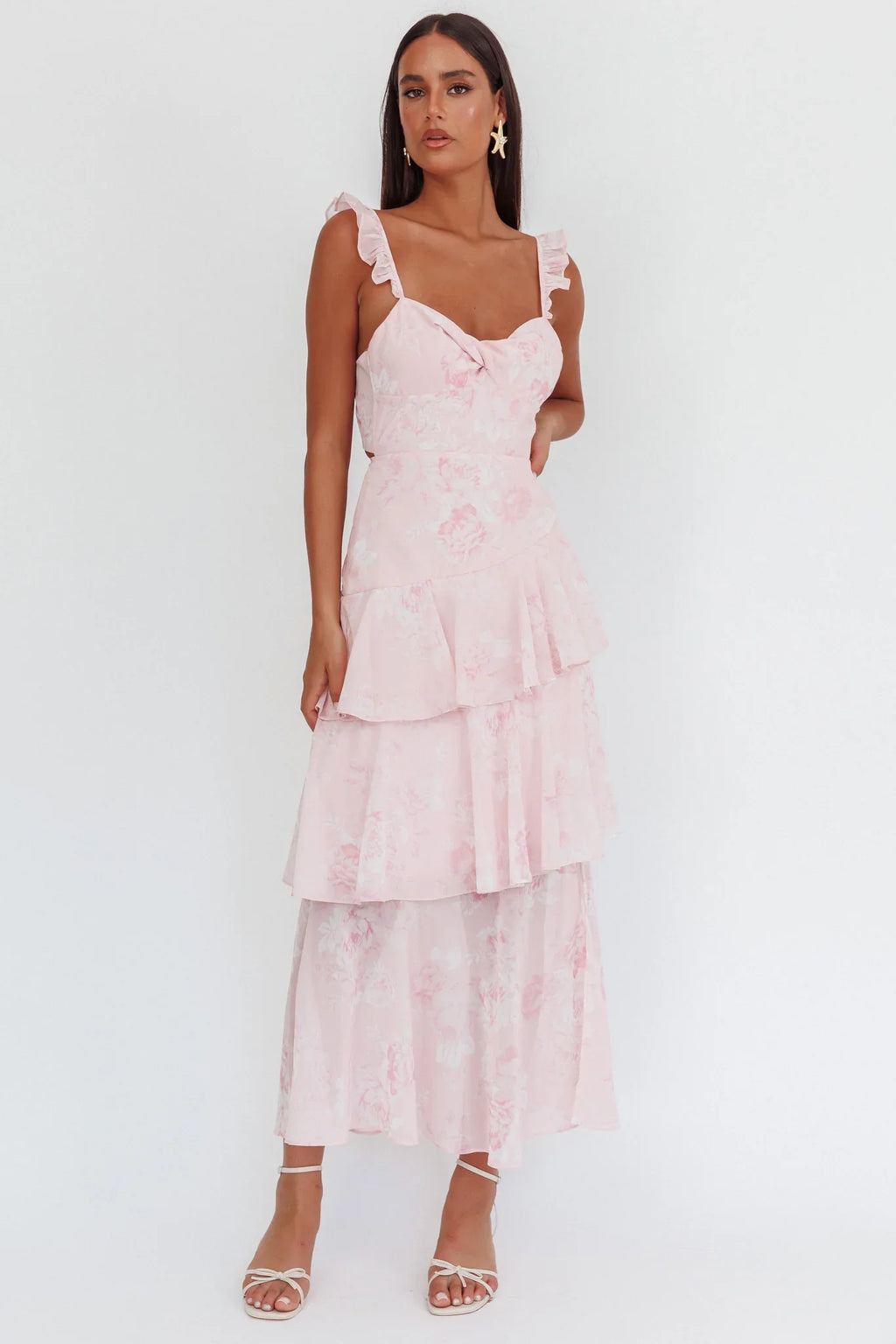 Veda Ruffle Strap Split Maxi Dress Roses Blush