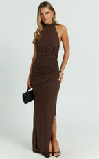 Francis Maxi Dress - Halter Ruched Backless Dress in Dark Chocolate