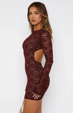 Naughty Or Nice Long Sleeve Lace Mini Dress Burgundy