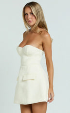 Alodia Mini Dress Boucle Strapless Tulip Skirt Dress in Cream
