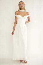Quinnae Off-Shoulder Accordion Pleat Maxi Dress White
