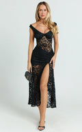 Tatum Midi Dress - Lace Off Shoulder Side Split Dress in Black