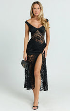 Tatum Midi Dress - Lace Off Shoulder Side Split Dress in Black