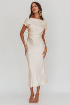 Loveland Cap Sleeve Cowl Back Midi Dress Oyster