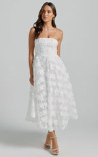 Rheiva Midi Dress - Strapless 3D Embroidery Midi Dress in White