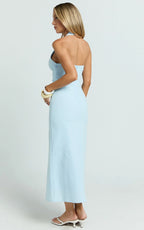 Murray Midi Dress - Deep U Halter Neck Dress in Pale Blue