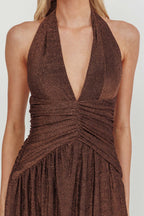 Italia Azure Gathered Waist Maxi Dress Shimmer Chocolate