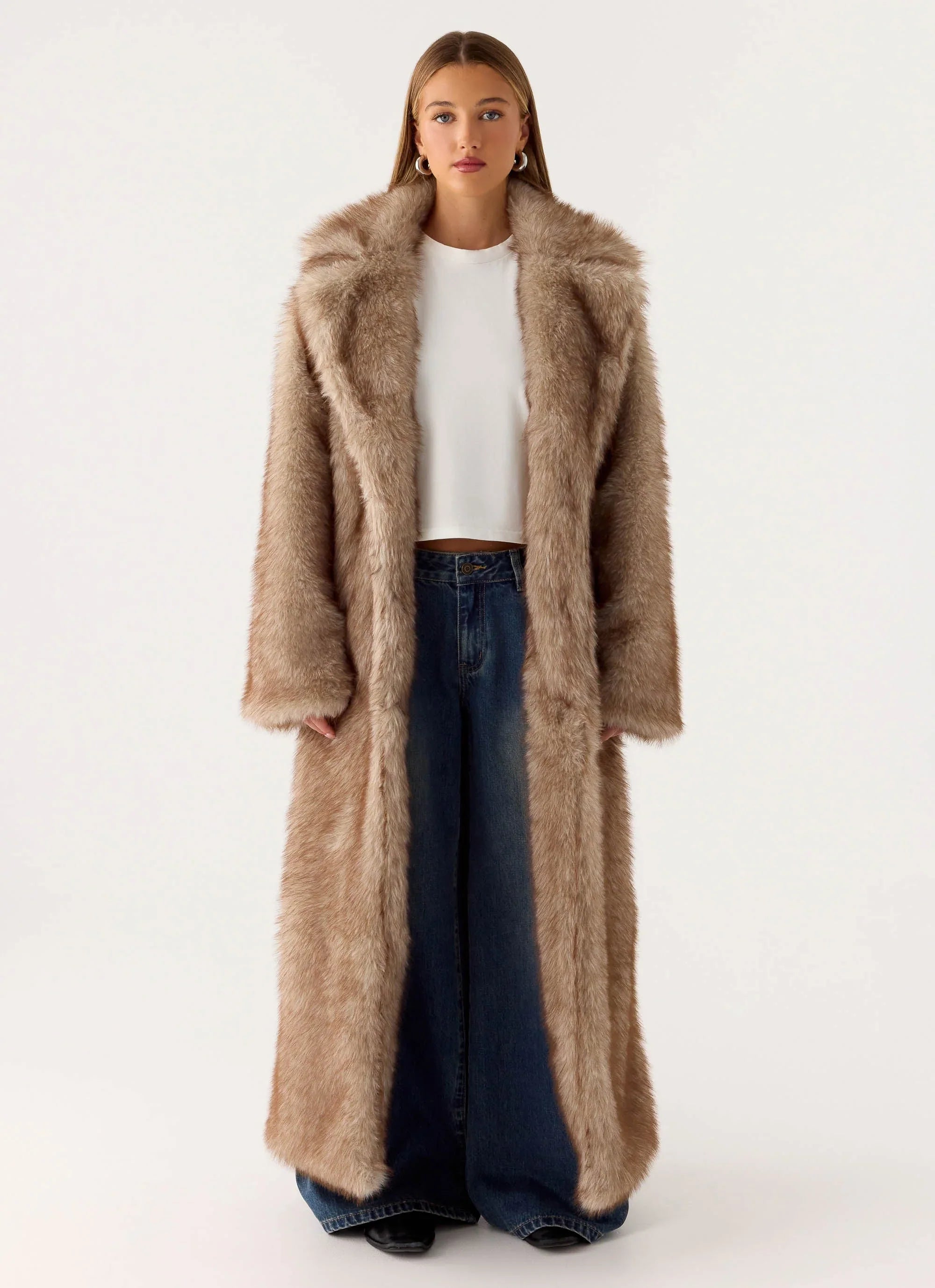 Kamil Faux Fur Maxi Coat - Tan Beige