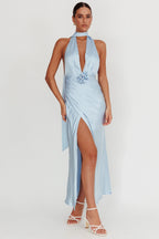 Italia Azure Halterneck Rosette Maxi Dress Blue