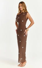 Cia Maxi Dress - Tipped Shoulder Linen Polkadot Dress in Chocolate