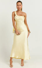 Calix Midi Dress - One Shoulder Slip Dress in Butter