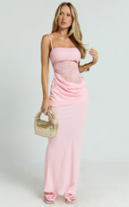 Rania Maxi Dress - Contrast Lace Bodice Bias Cowl Drop Waist Dress in Pink