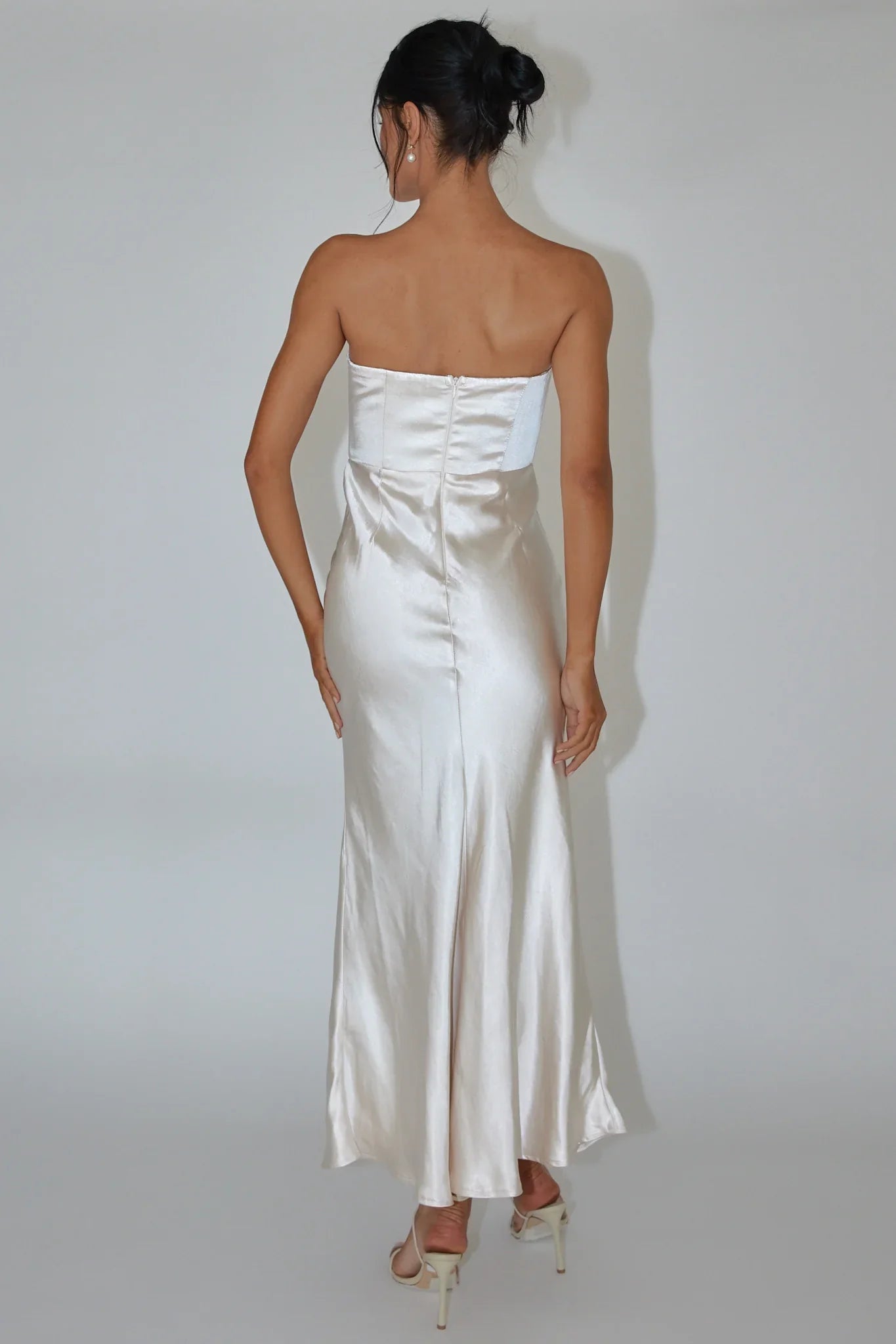 Encore Strapless Satin Maxi Dress Champagne
