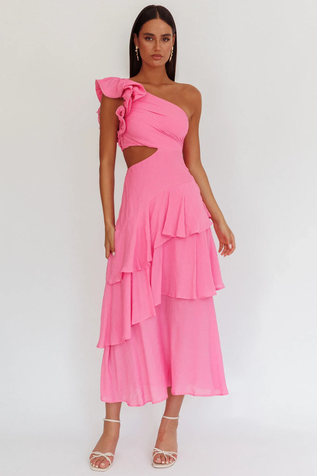 Deanna One-Shoulder Tiered Maxi Dress Pink